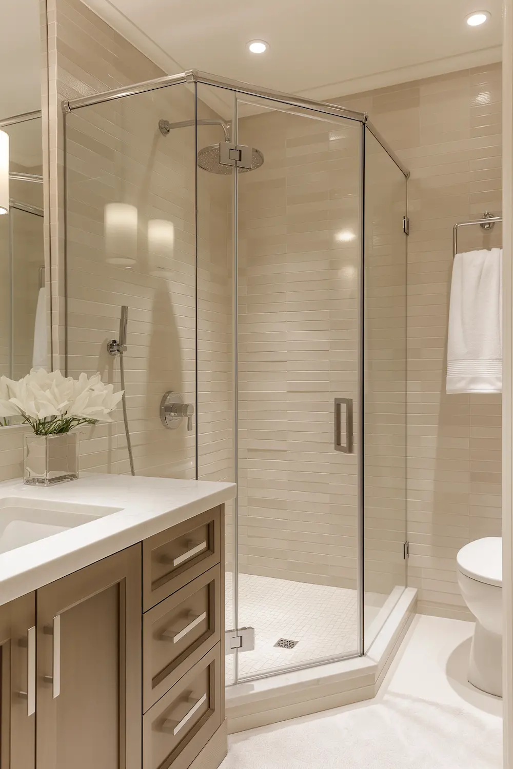 Modern bathroom featuring a glass shower elegant vanity and white flowers