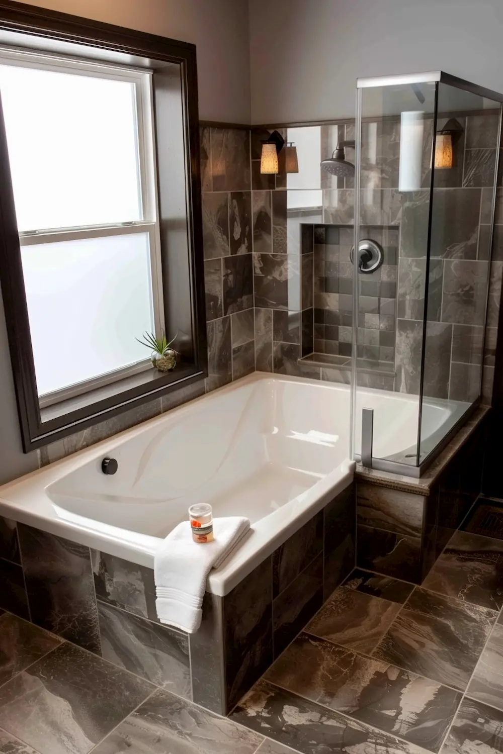 Modern bathroom featuring a white tub surrounded by dark tiled walls and a glass shower