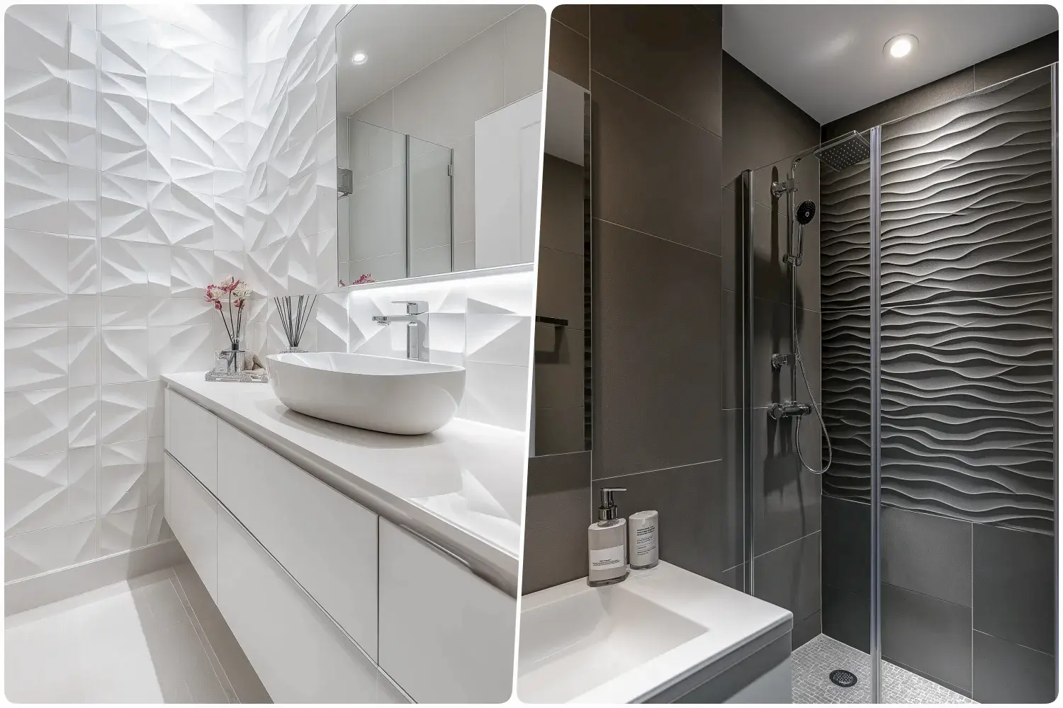 Modern bathroom featuring textured white tiles and sleek fixtures and Contemporary shower area with wave-patterned tiles and chrome showerhead