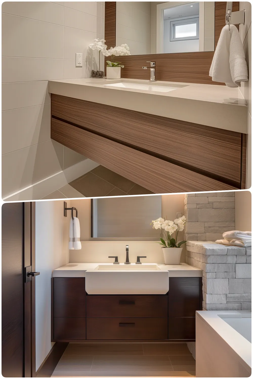 Modern bathroom with a clean sink area wooden cabinets and potted orchid decoration and Stylish bathroom featuring dual sinks wooden cabinetry and stone accent wall