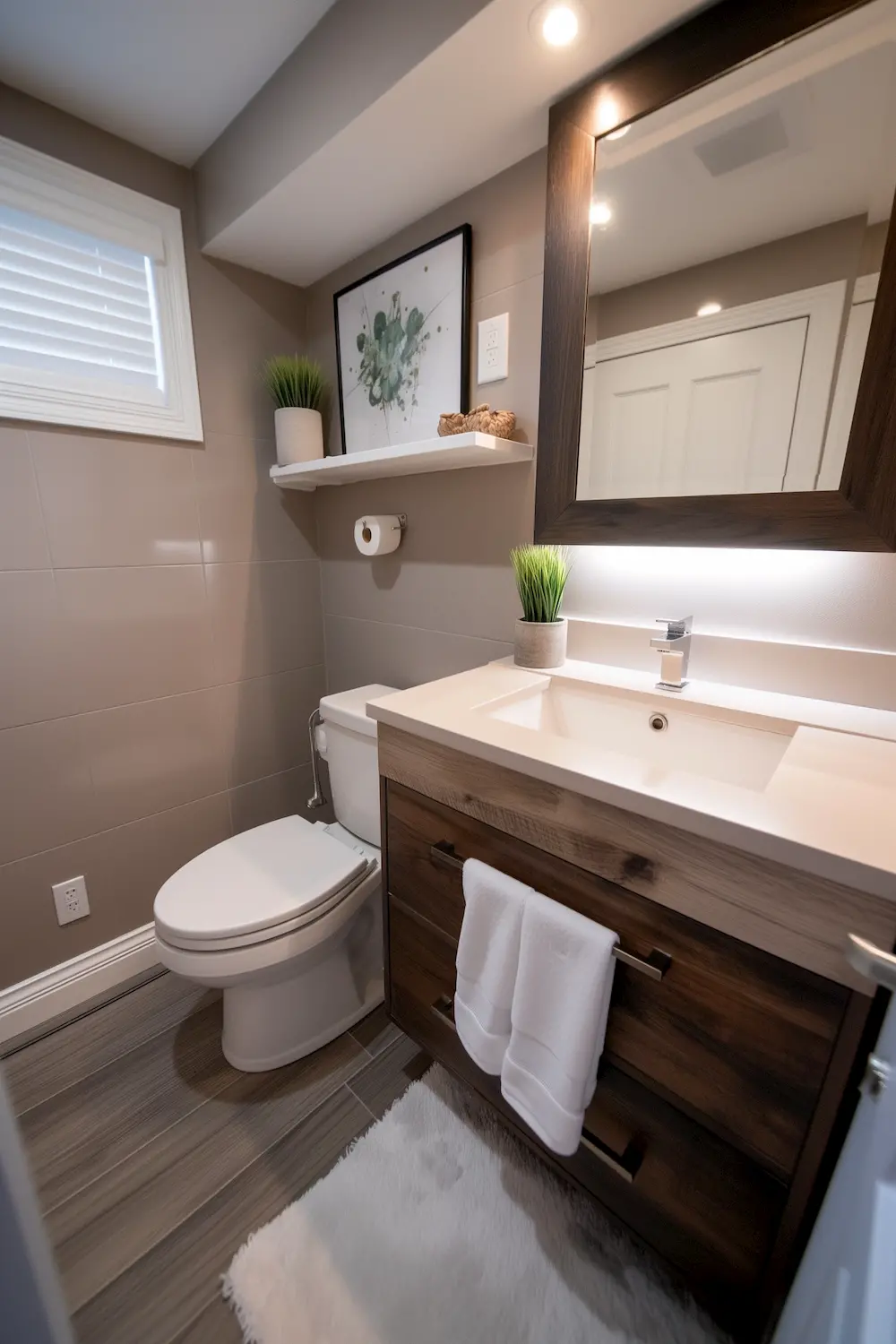 Modern bathroom with a wall-mounted mirror modern sink and wooden storage cabinet