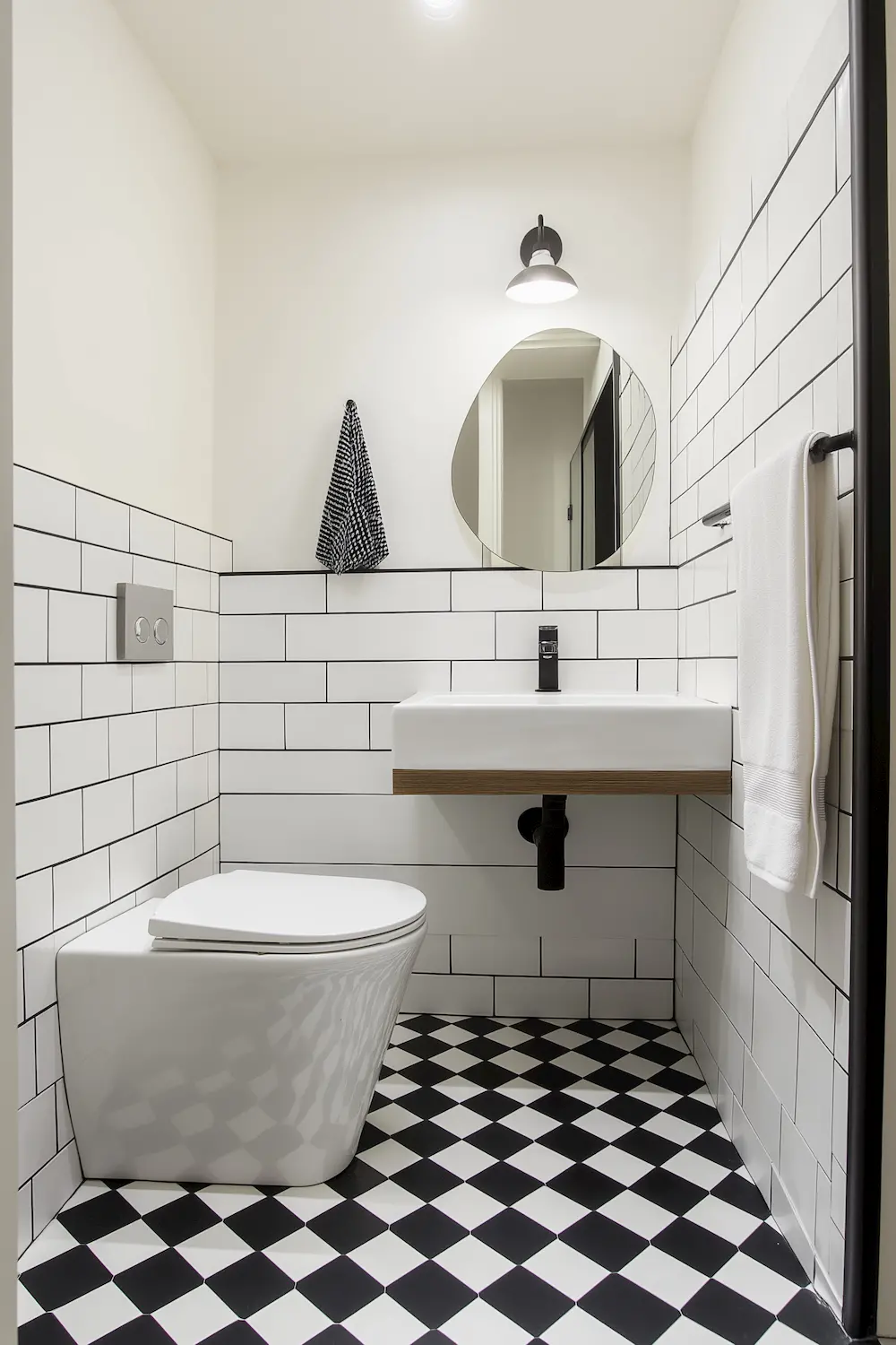 Modern bathroom with black and white tiles sink and mirror on the wall