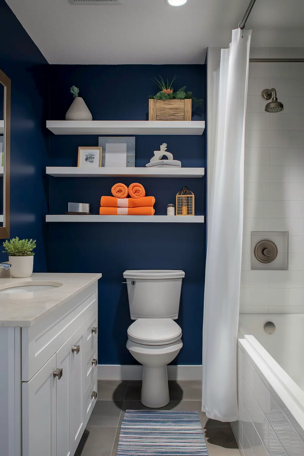 Modern bathroom with dark blue walls white vanity and toilet white shelves with decor items and bright orange rolled towels white tiled shower with white curtain gray striped bath mat on tile floor