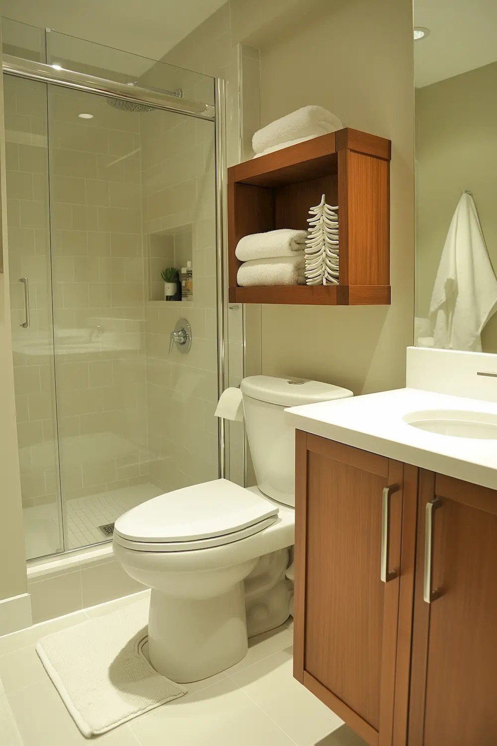 Modern bathroom with light tones glass shower and wooden shelving