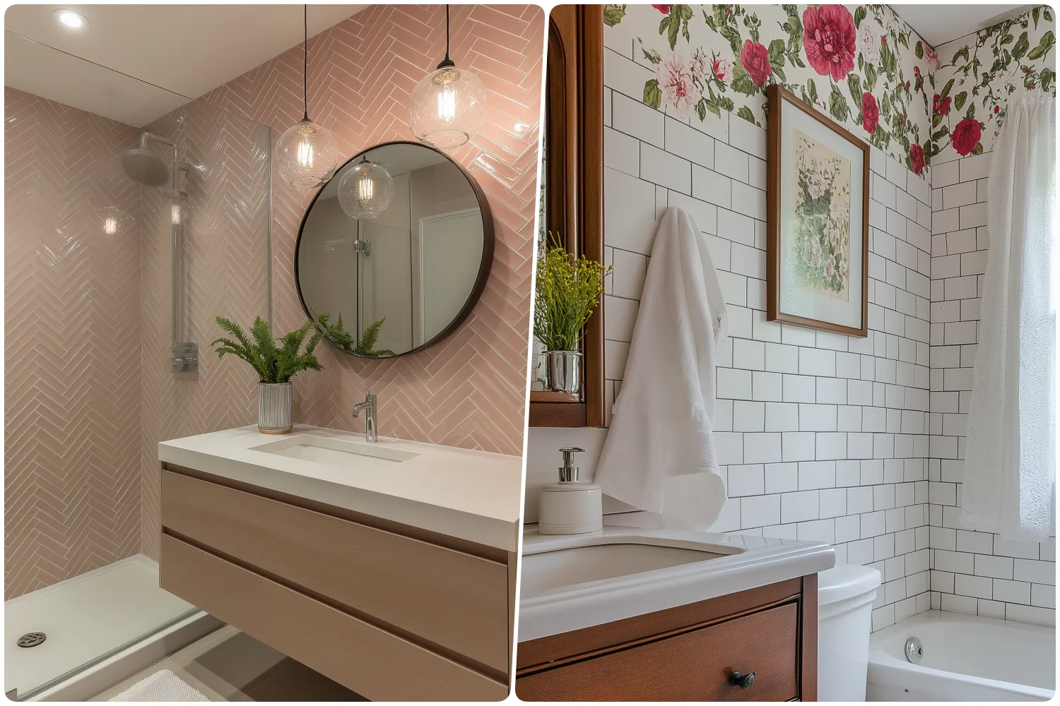 Modern bathroom with pink herringbone tiles round mirror and stylish lighting and Charming bathroom with floral wallpaper classic tiles and vintage wooden accents