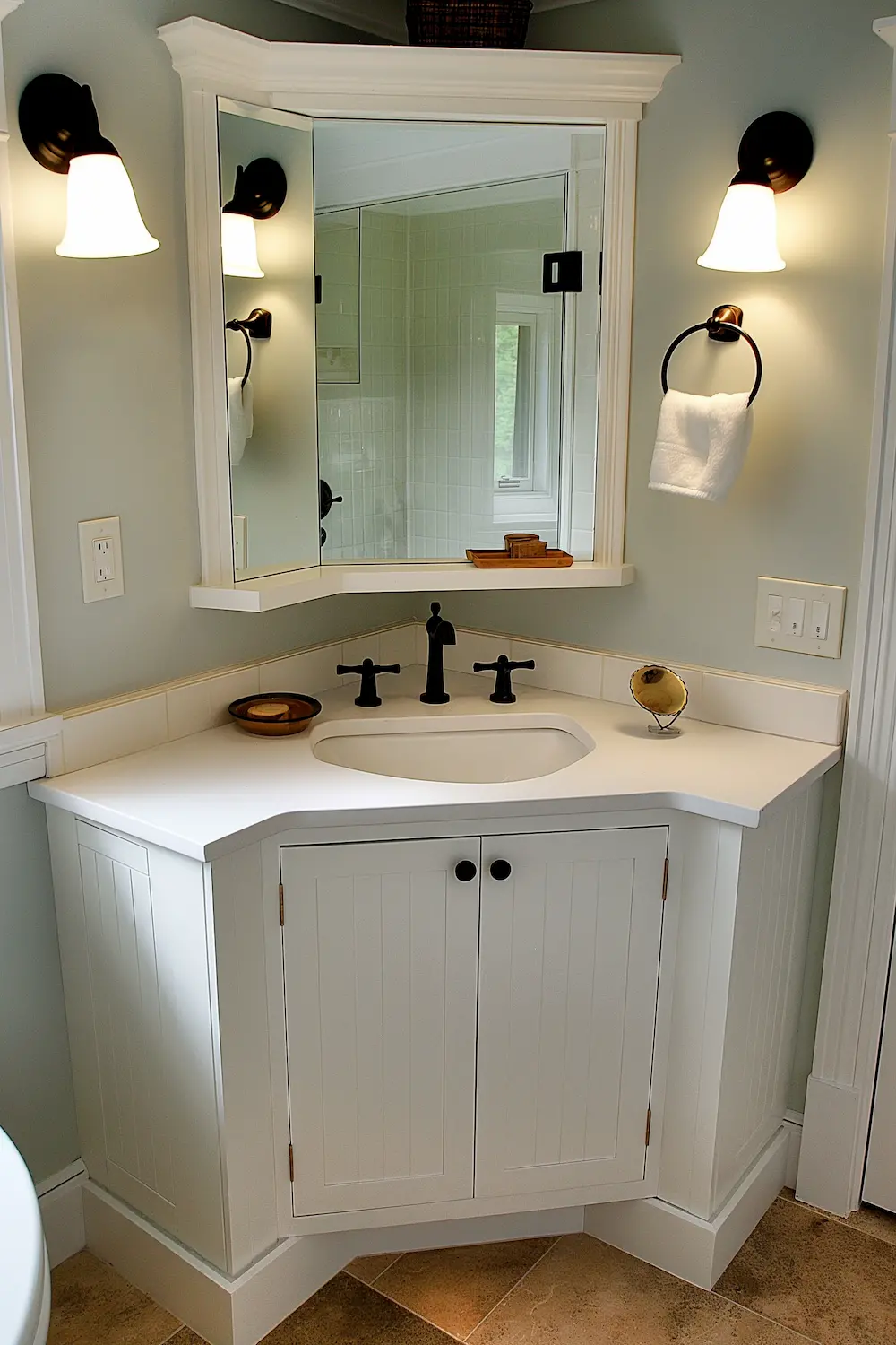 Modern bathroom with white cabinetry and dark faucet accents mirror and towel holder visible