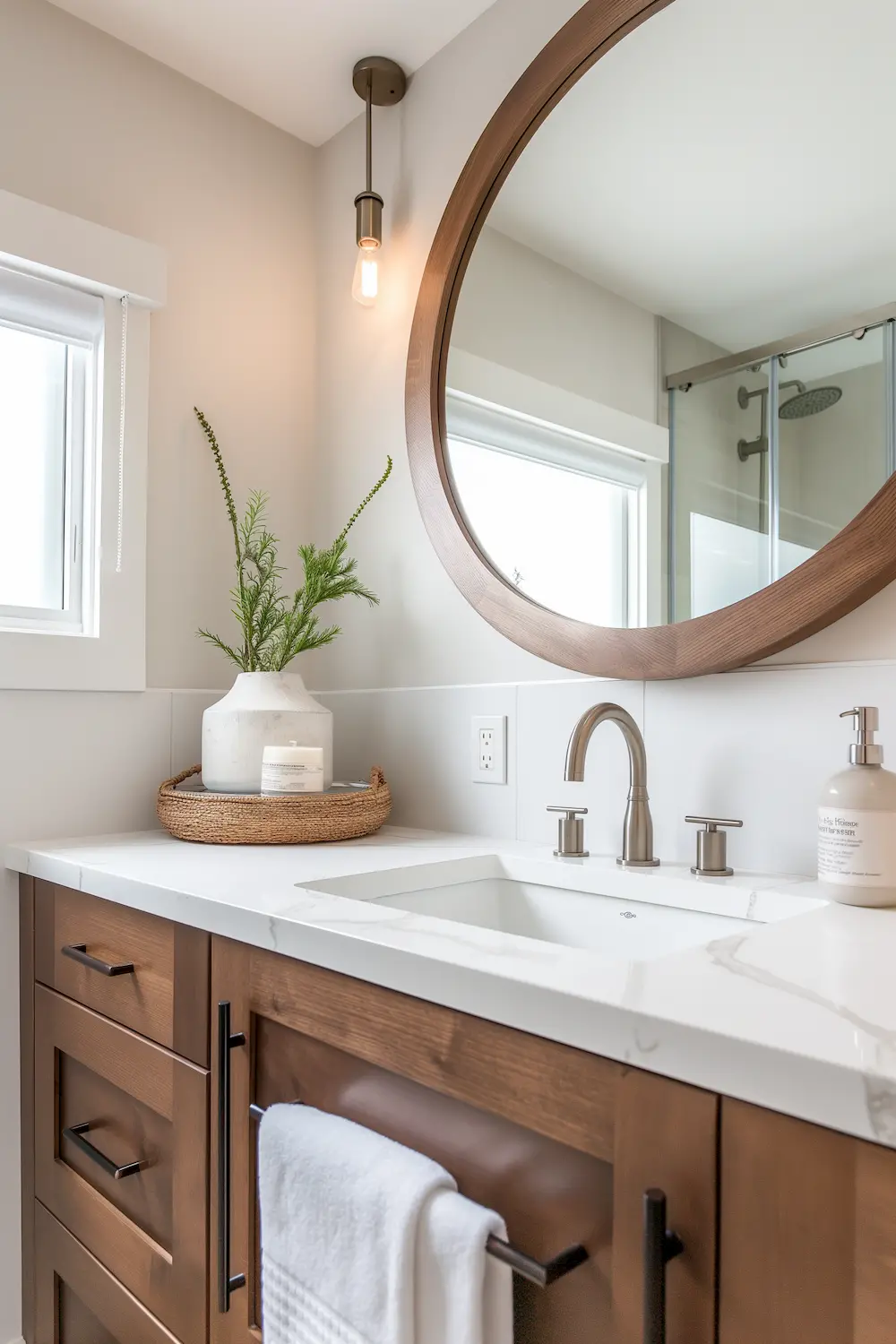 Modern bathroom with wooden cabinetry round mirror and potted plant on counter