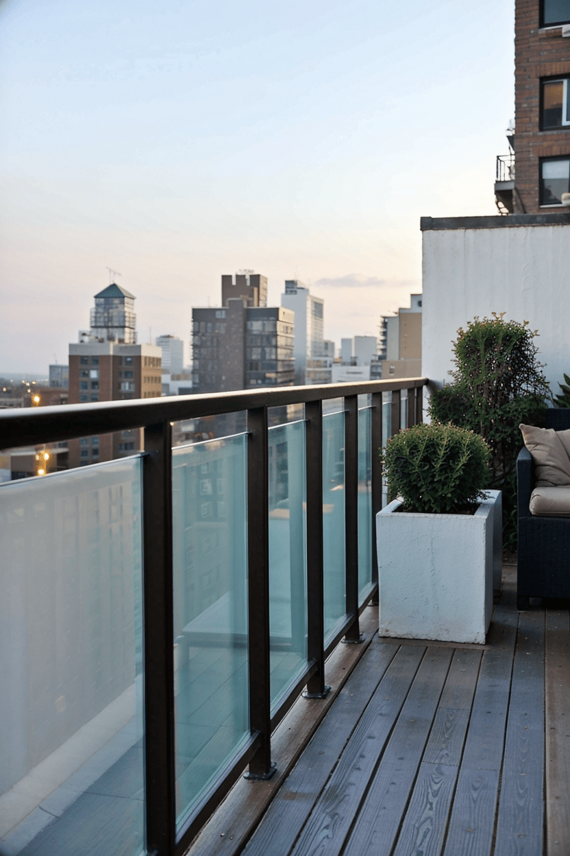 Modern city balcony with frosted glass railing, privacy-focused design, serene retreat, contemporary outdoor furniture, minimalist, panoramic city skyline