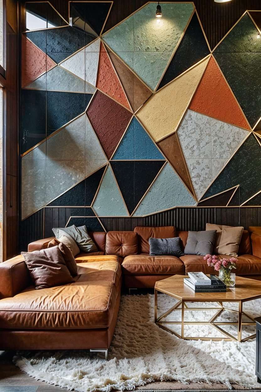 Modern geometric wall paneling design for living room with bold colors and intricate shapes, contemporary decor ideas