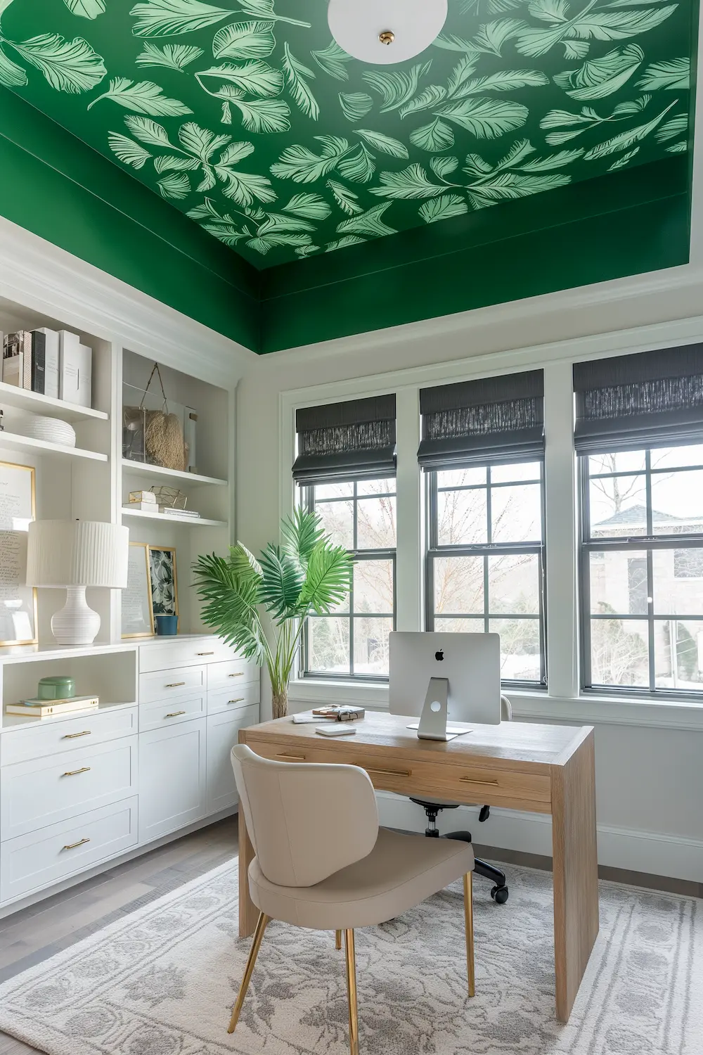 Modern home office featuring an emerald green painted ceiling with leaf patterns and natural light.