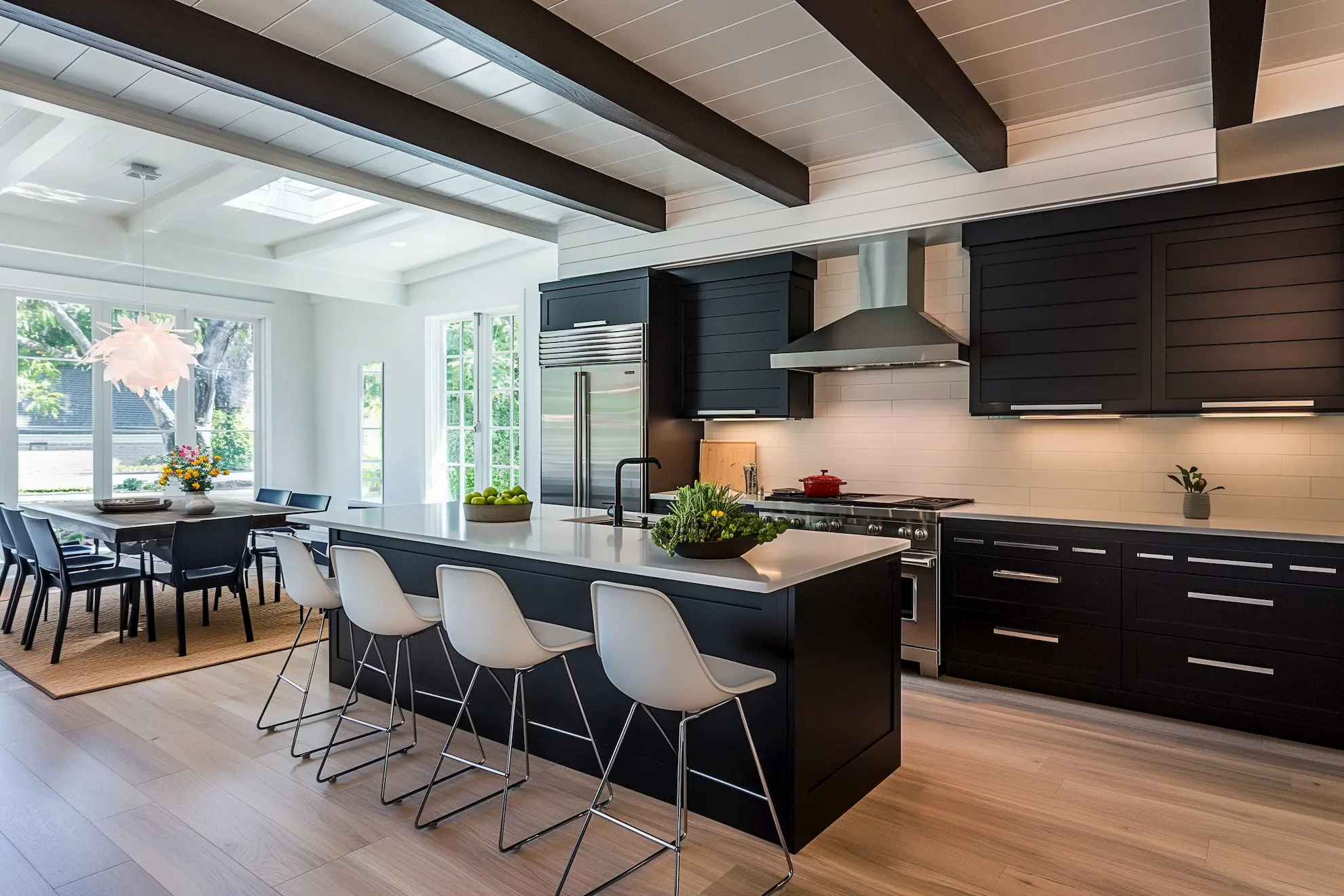 Modern kitchen design highlighting black cabinets and white beamed ceilings style