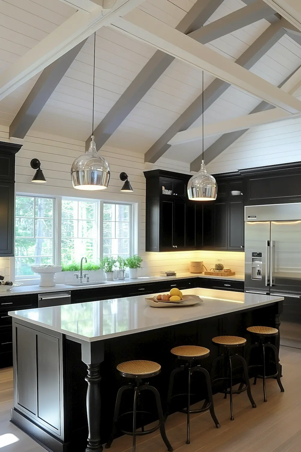 Modern kitchen design highlighting black cabinets and white beamed ceilings style.