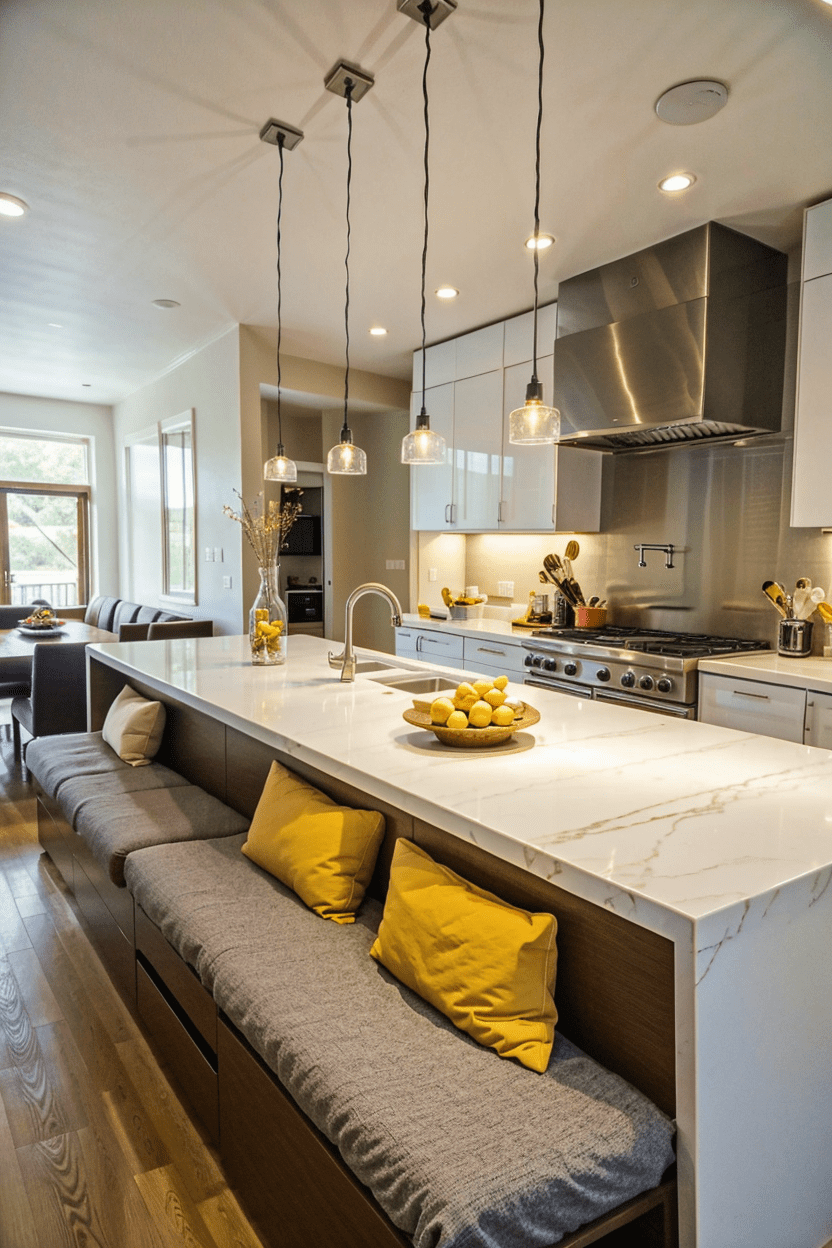 Modern kitchen island with built-in benches, white marble countertop, grey and yellow cushions, stainless steel appliances