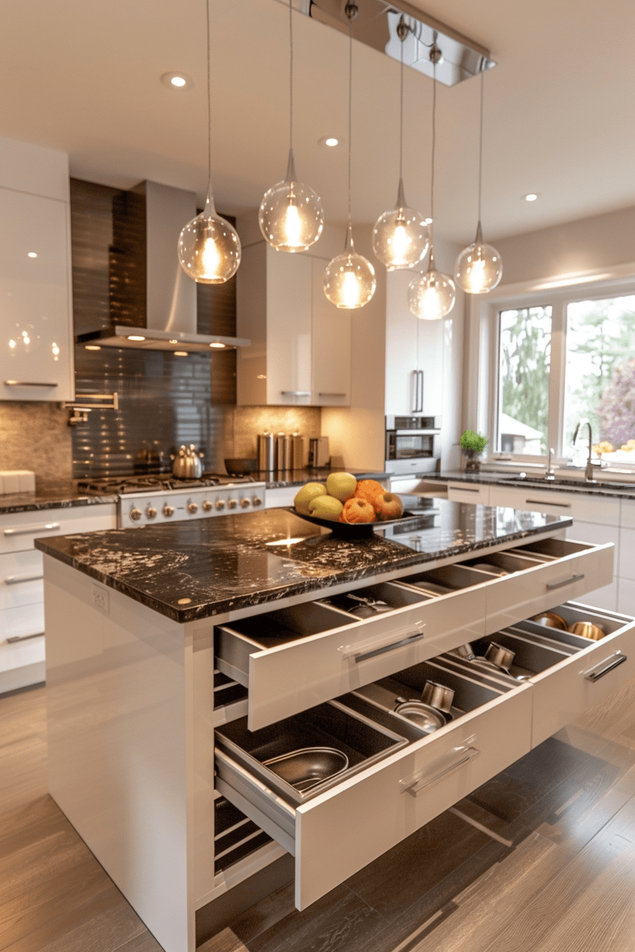 Modern kitchen island with roll-out trays in white cabinets, granite countertops, and minimalist pendant lights