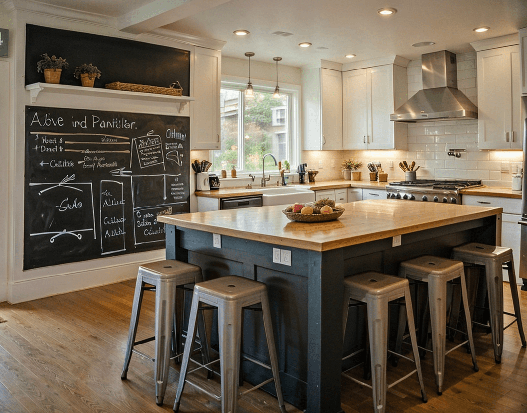 Modern kitchen with chalkboard wall panels open concept