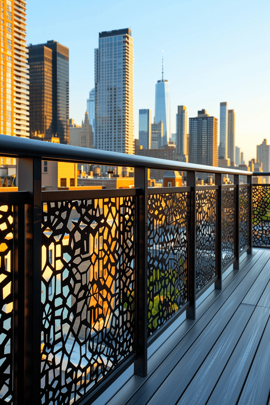 Modern minimalist wrought iron deck railing over cityscape