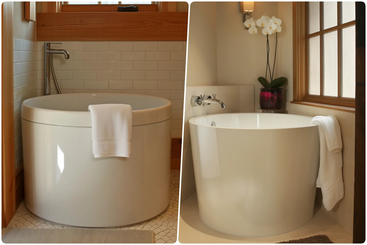 Modern round bathtub with towel on the edge in a bright bathroom setting and Elegant white bathtub with towel beside a window and potted orchid decoration