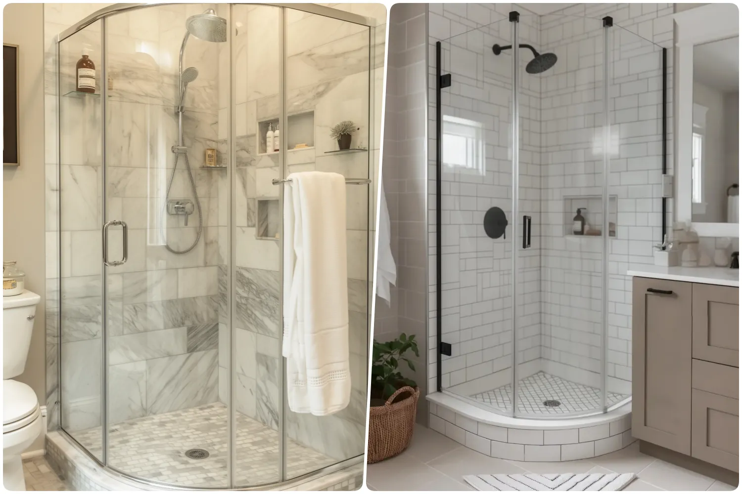 Modern shower stalls with glass doors and marble tile designs and Contemporary shower featuring white tiles and dark accents