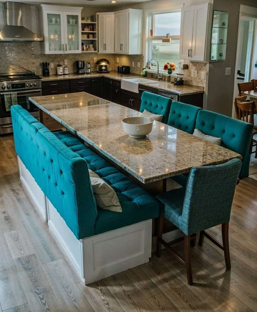 Open-concept kitchen island with built-in benches, turquoise upholstery, granite countertop, modern lighting