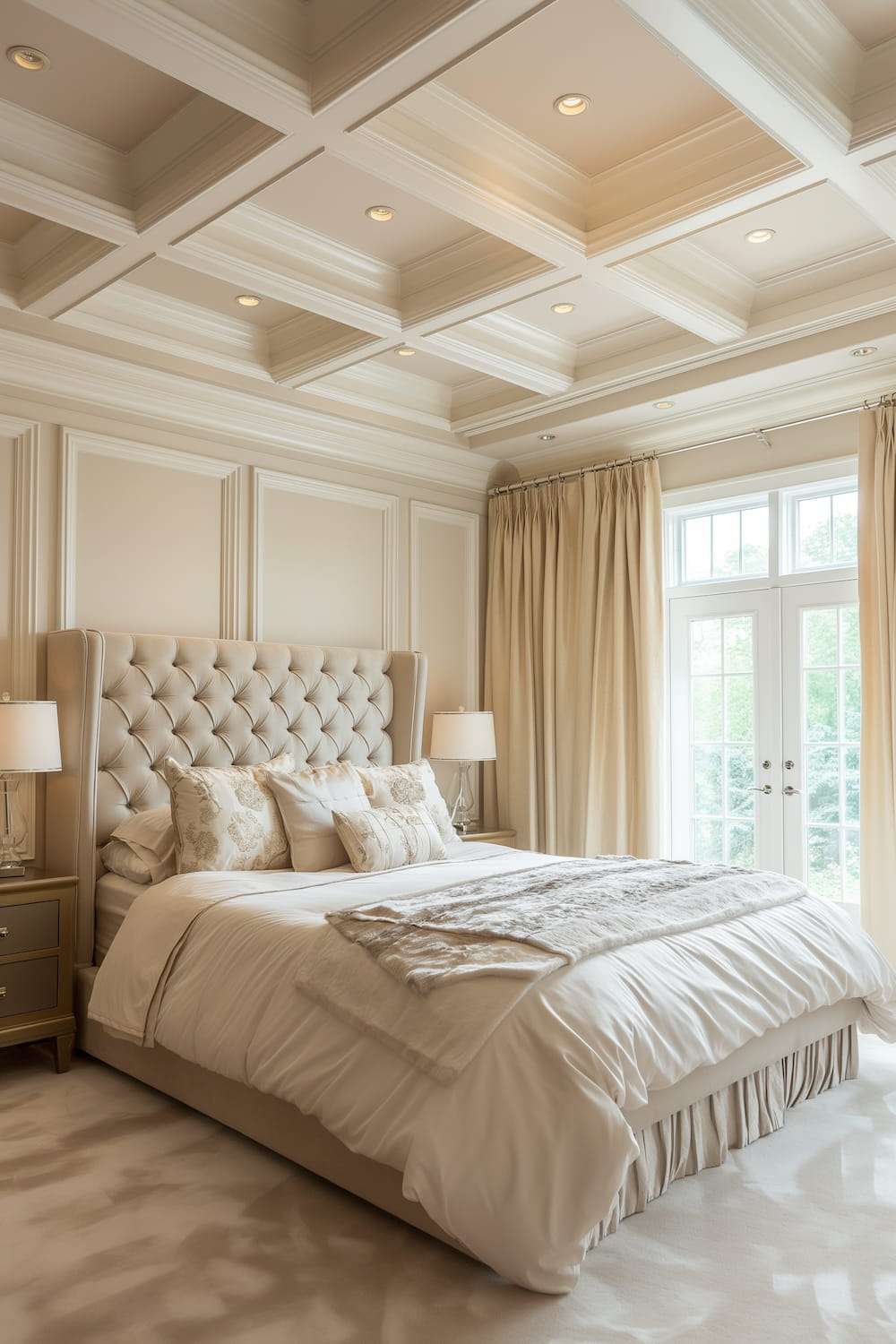 Opulent master bedroom with an exquisite coffered ceiling featuring rectangular recessed panels, luxurious moldings, and subtle gold accents, enhanced by plush furnishings and ambient lighting