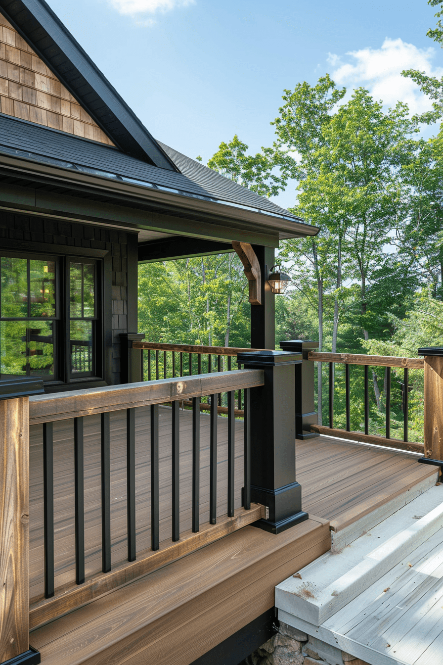 Outdoor deck with farmhouse railing made of aged wood and subtle metal details