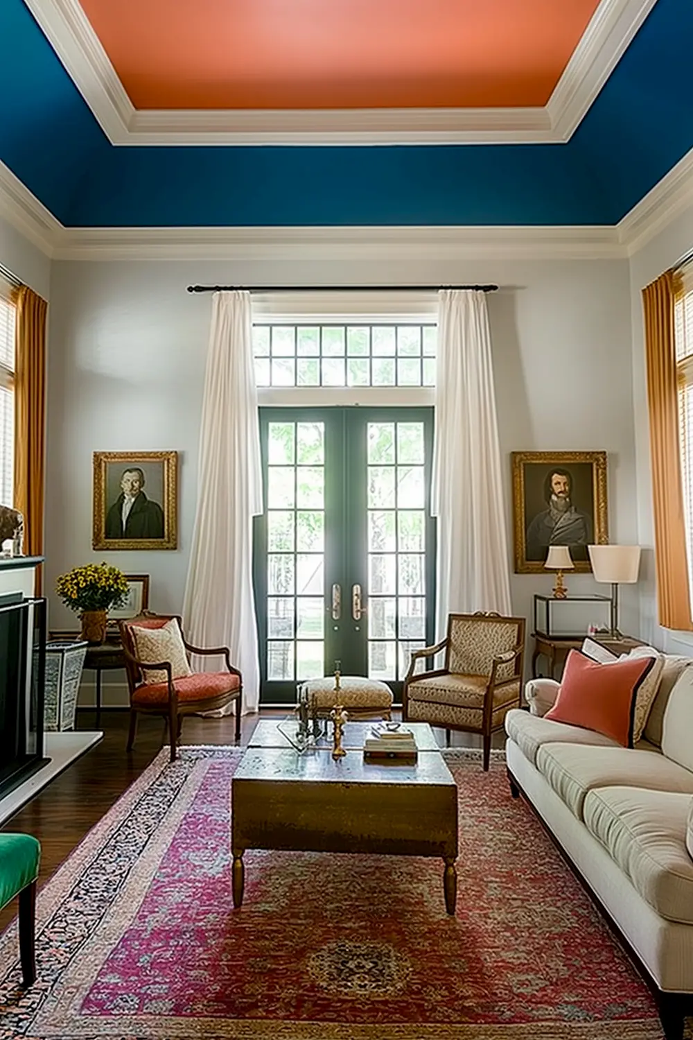 Painted Ceilings living room blue and orange