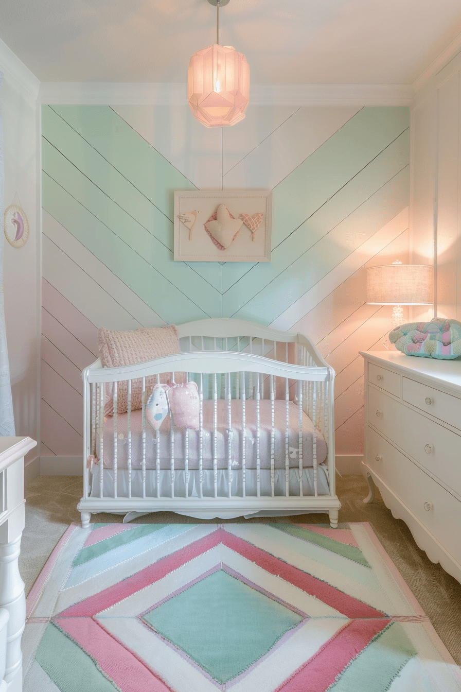 Painted planks wall paneling in a nursery room, chevron pattern with pastel colors, soft and whimsical vibes for baby room decor