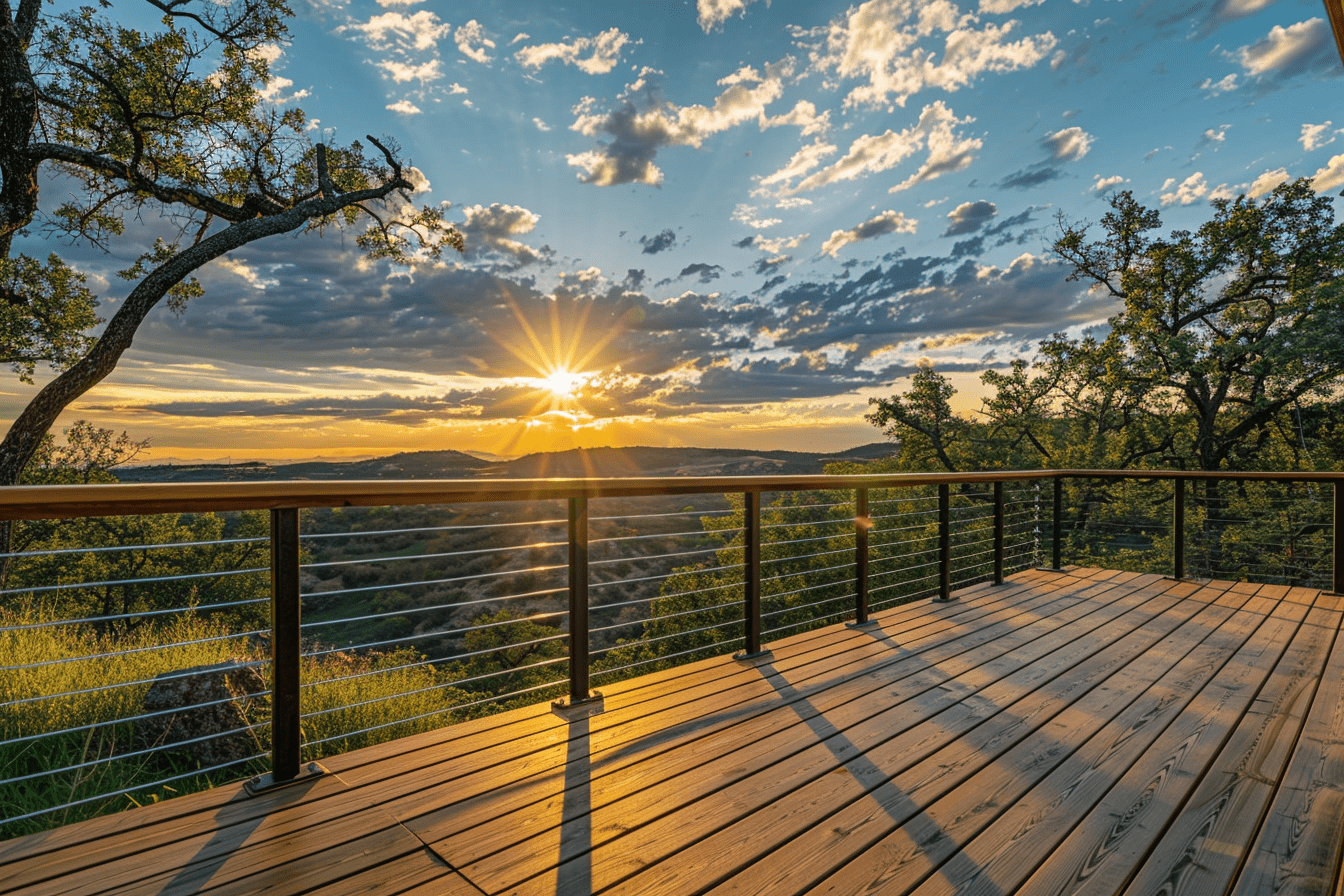 Rebar deck railing with sunset view, industrial style meets rustic wooden deck, modern and natural elements, unique outdoor space, sunset shadows