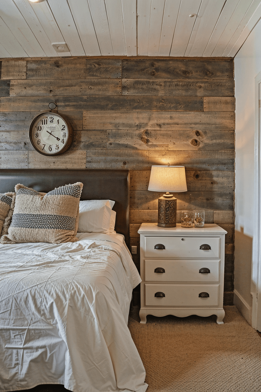 Reclaimed wood wall panel bedroom