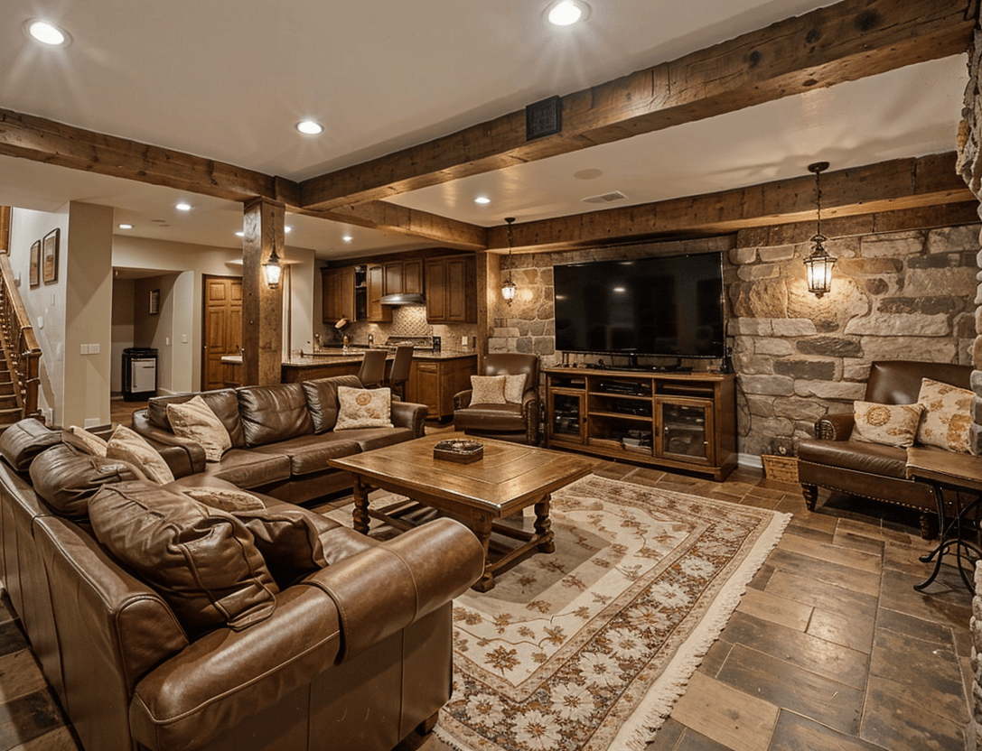 Rustic basement with sofas and cozy place