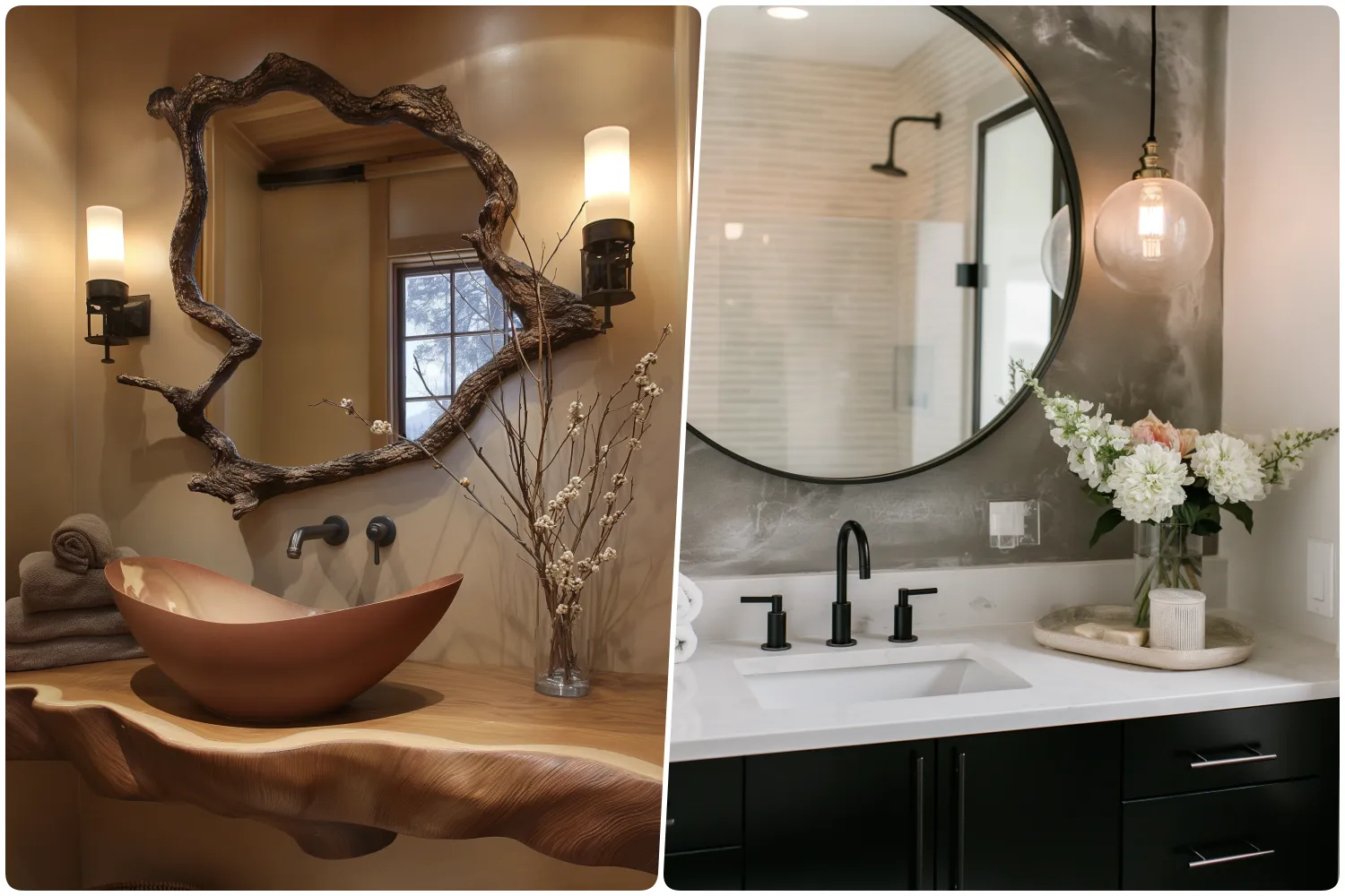 Rustic bathroom with wooden mirror and vessel sink surrounded by natural decor and Modern bathroom with round mirror black fixtures and floral arrangement on counter