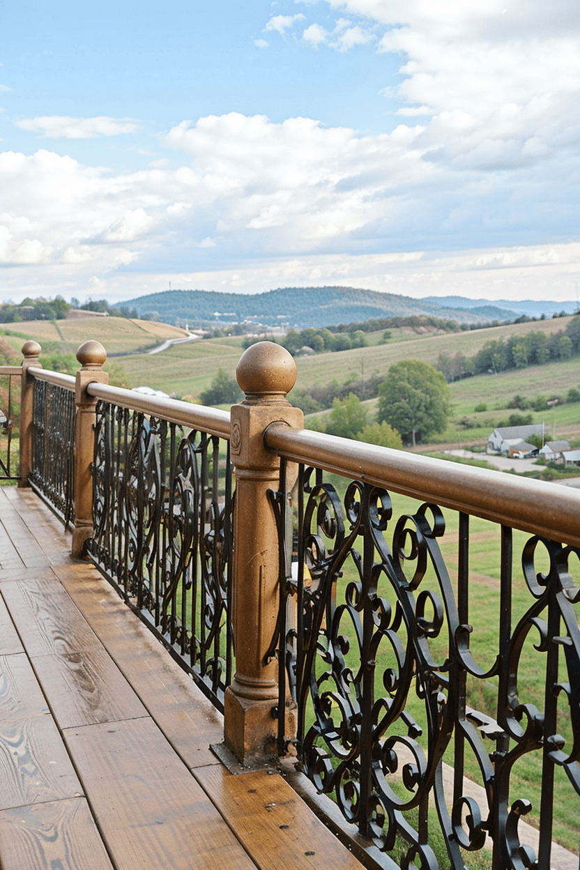 Rustic wrought iron deck railing with wooden accents in countryside setting