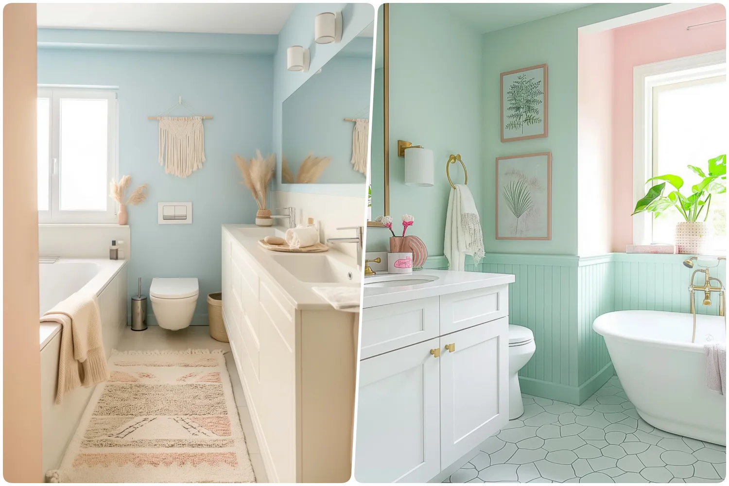 Serene bathroom with light blue walls modern fixtures and a decorative rug and Charming bathroom featuring mint green walls botanical art and a freestanding tub