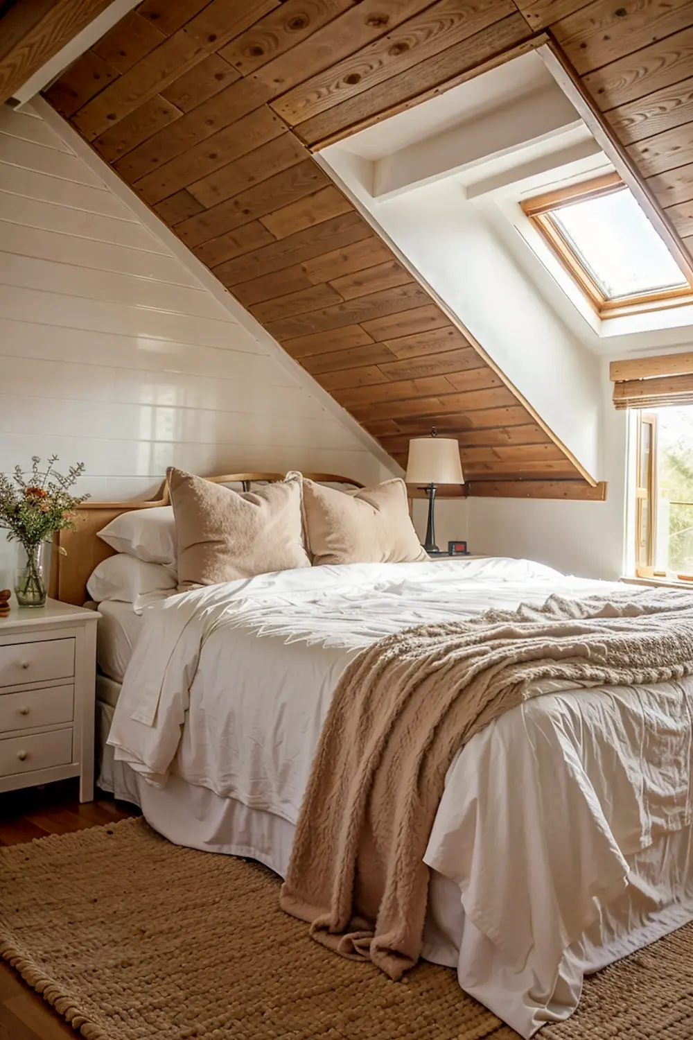 Serene bedroom with a slanted wood planks ceiling, cozy bedding, and warm natural light