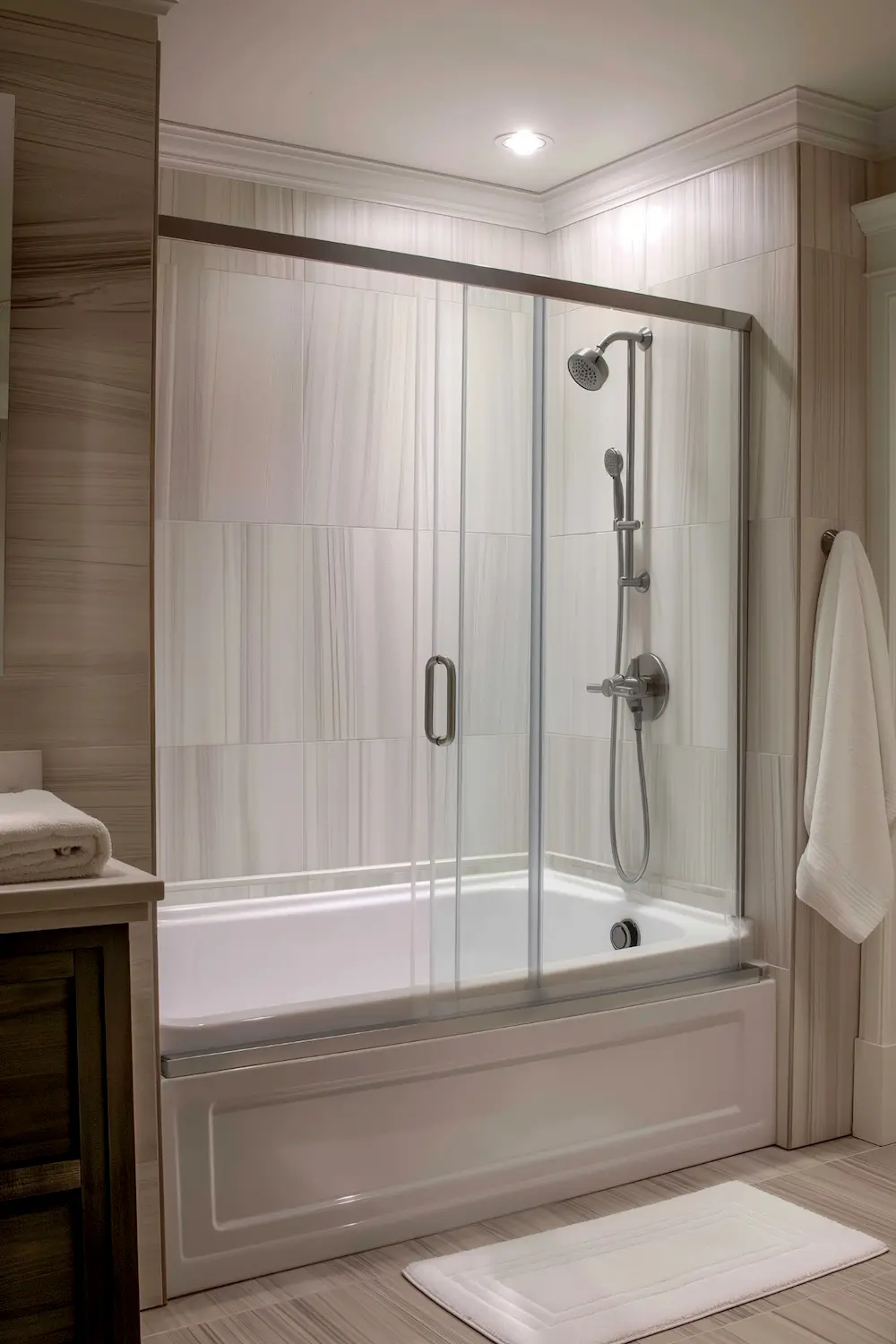 Shower tub combo with sliding glass doors and modern fixtures