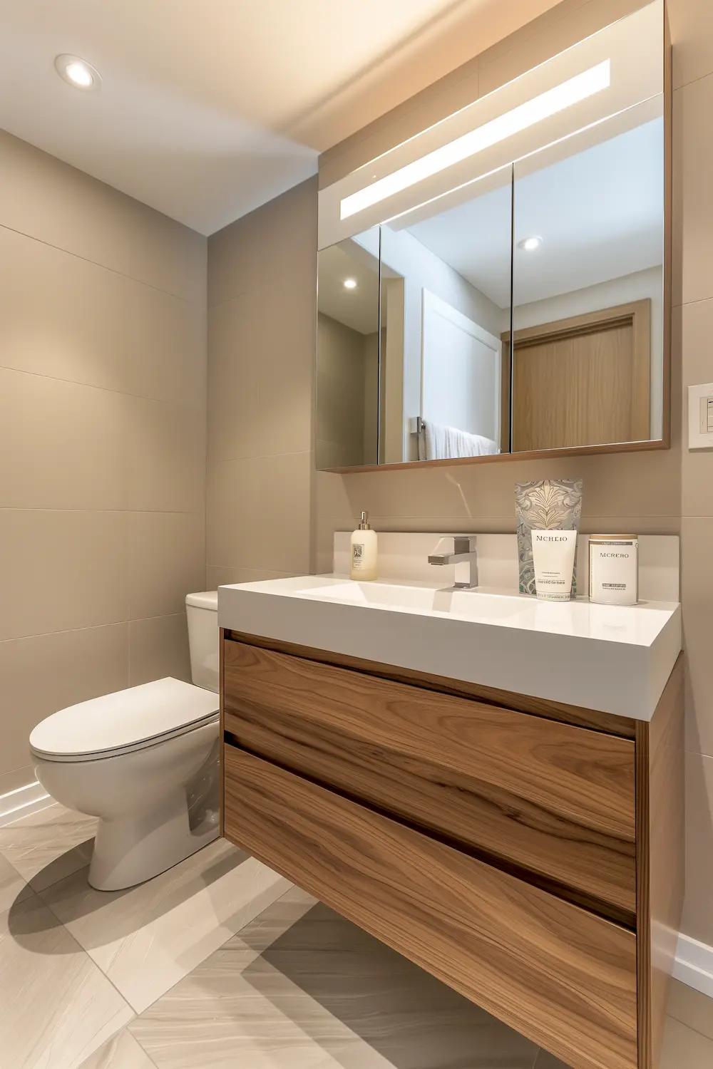 Sleek bathroom featuring a modern sink illuminated mirror and wooden drawer unit