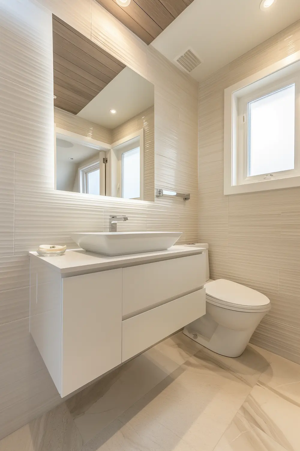 Sleek bathroom with a floating vanity modern sink and neutral textured walls and flooring