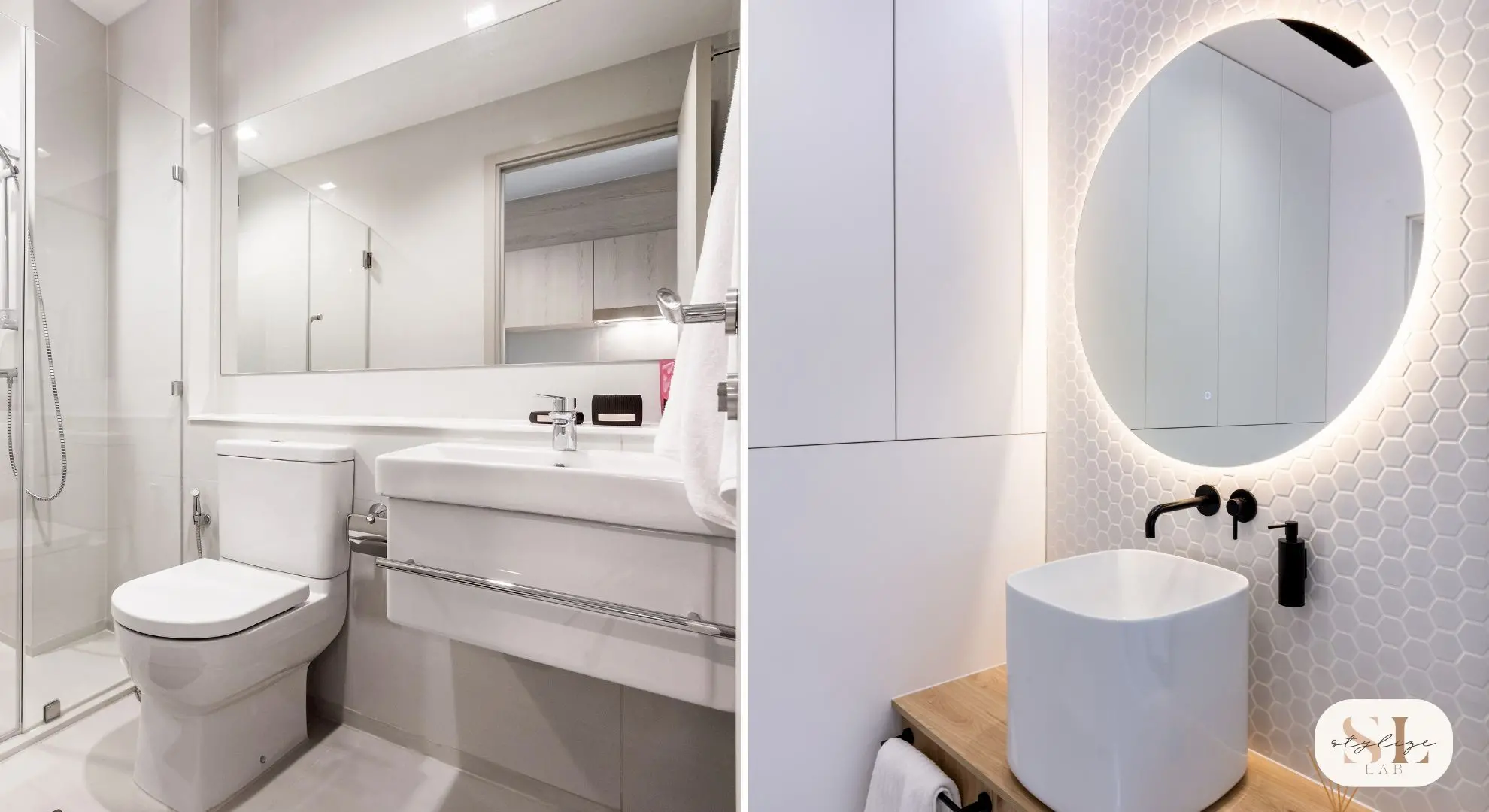 Sleek bathroom with a glass shower modern fixtures and a large mirror and Chic bathroom with a hexagonal tile wall illuminated mirror and stylish sink