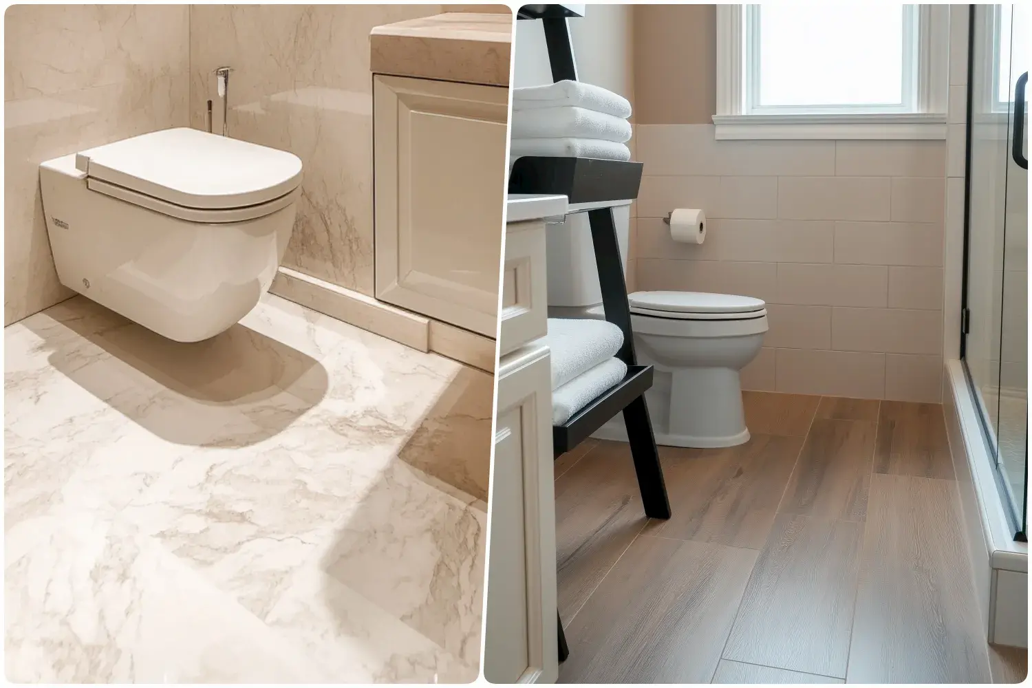 Sleek bathroom with a modern wall-mounted toilet and marble flooring, and Cozy bathroom with a standard toilet wooden floor laminate and neatly stacked towels