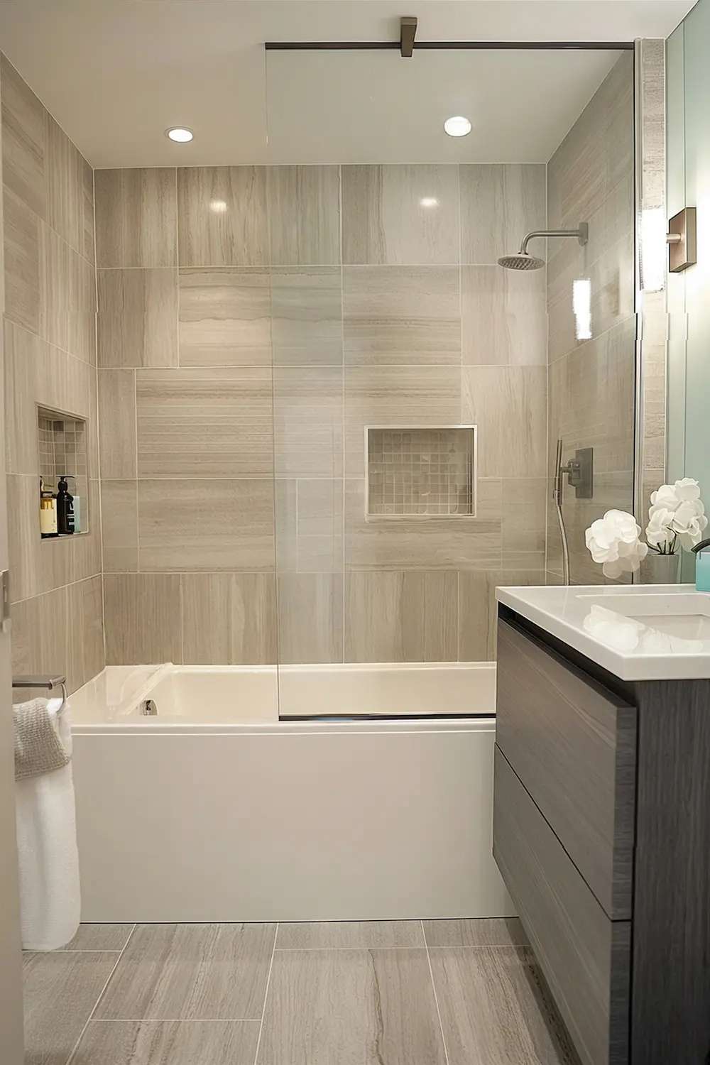 Sleek bathroom with gray tiles modern bathtub glass shower and elegant decor