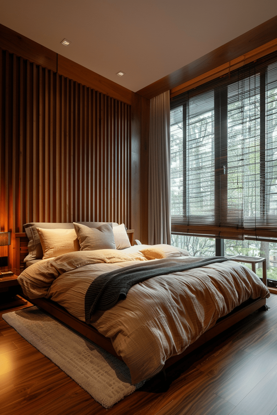 Small Bedroom with dark wood paneling, vertical wooden slats, classic elegance, neutral bedding, contemporary furniture, natural sunlight