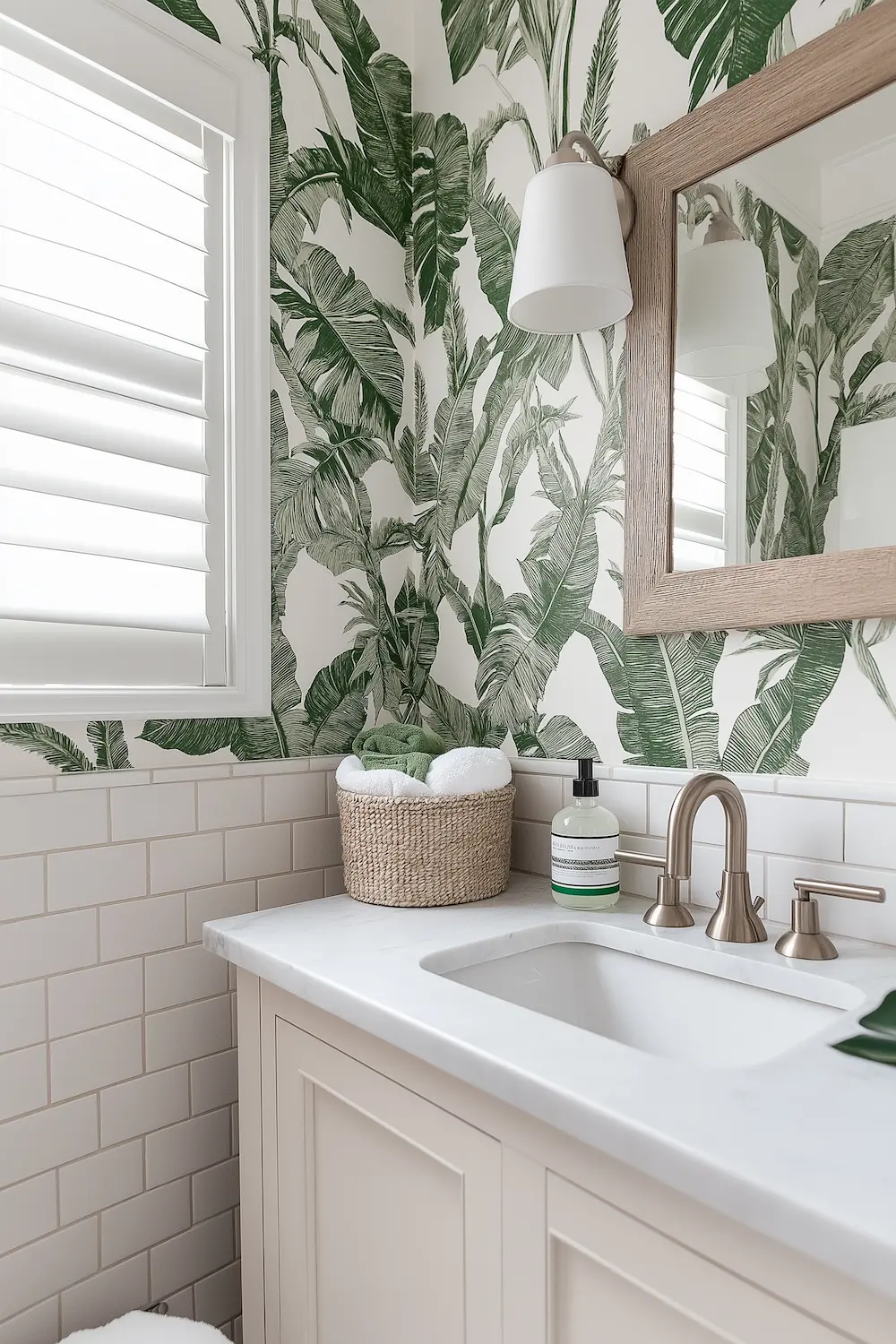 Small bathroom with botanical wallpaper, compact vanity, and tranquil lighting atmosphere.