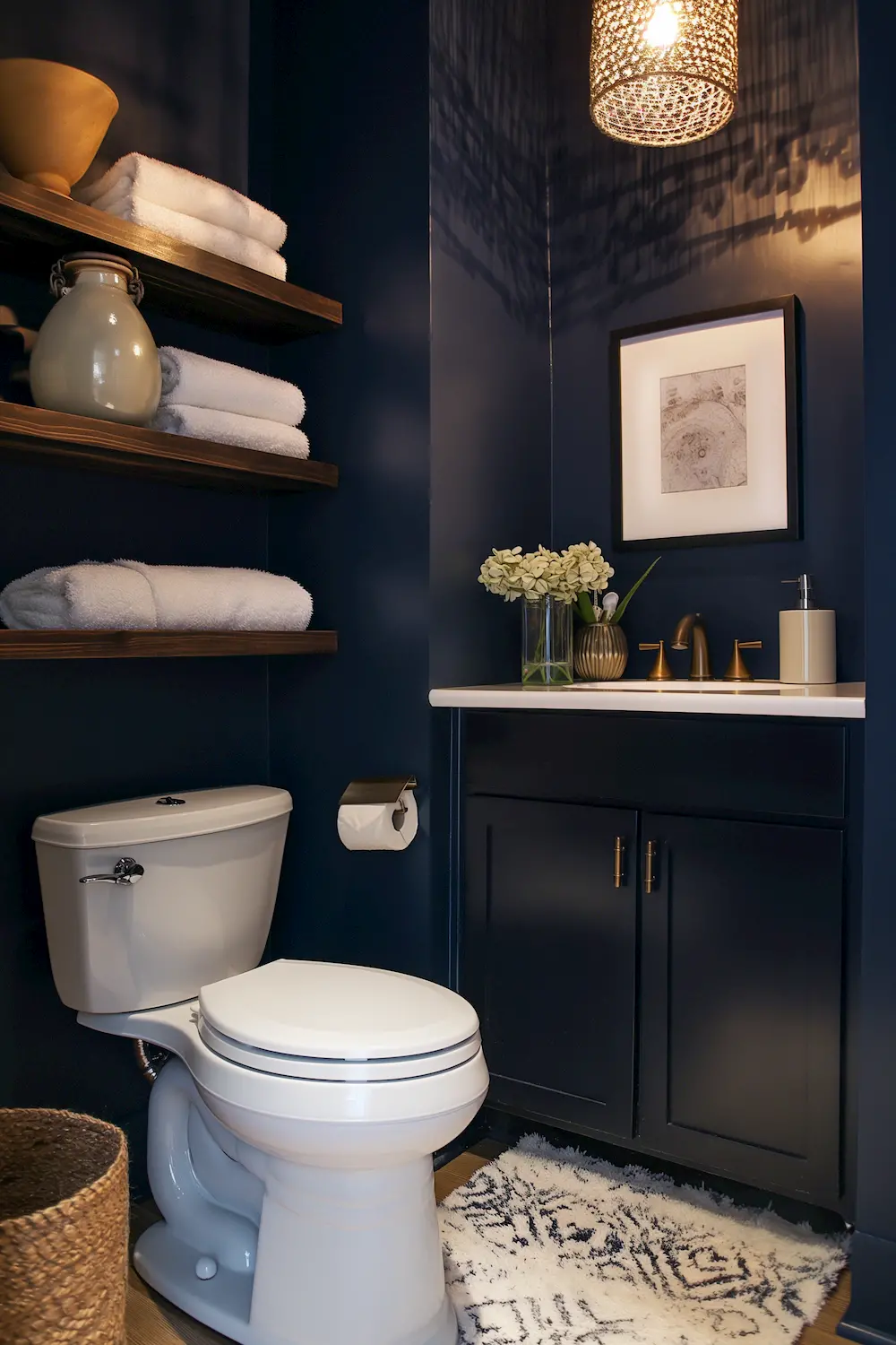 Small stylish bathroom with navy walls towels and modern fixtures