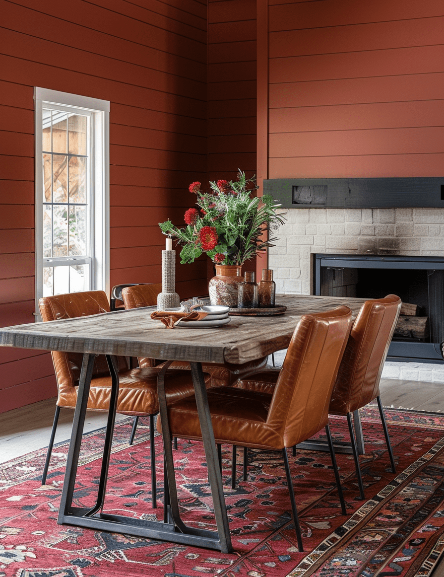 Southwestern dining room with terracotta shiplap walls, wooden dining table