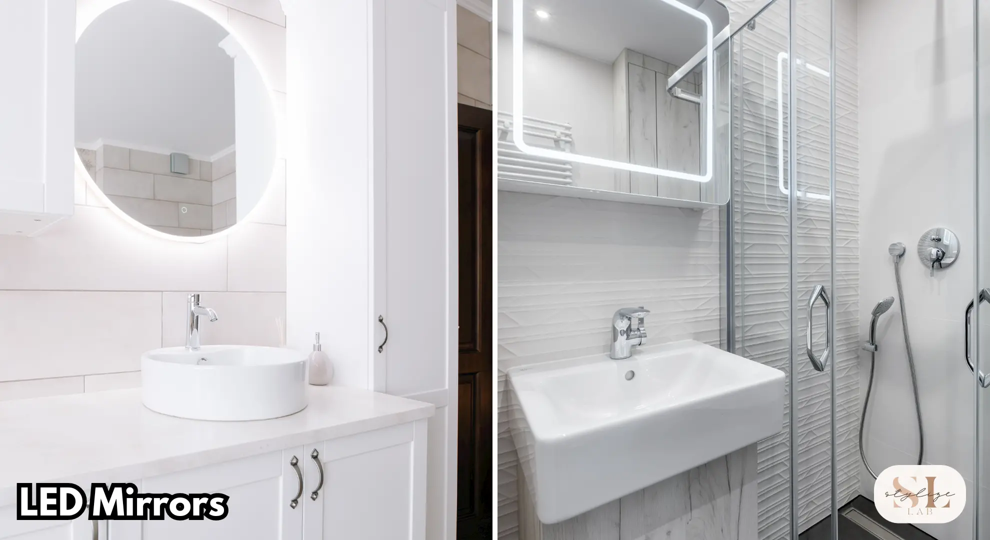 Stylish bathroom featuring LED mirrors and modern fixtures with a round sink and Contemporary shower area with LED lighting and sleek design elements