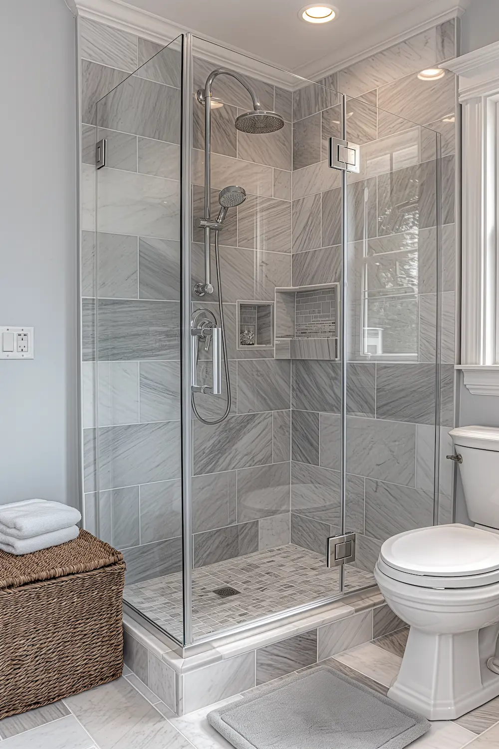 Stylish bathroom with glass shower featuring marble tiles and modern fixtures and towels