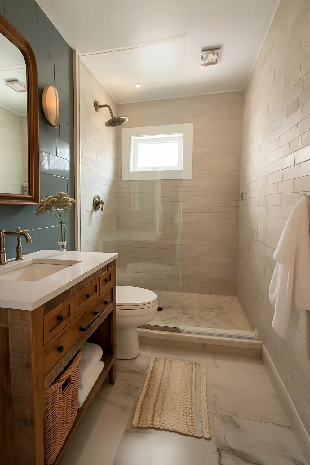 Stylish bathroom with wooden vanity glass shower modern toilet and decorative rug