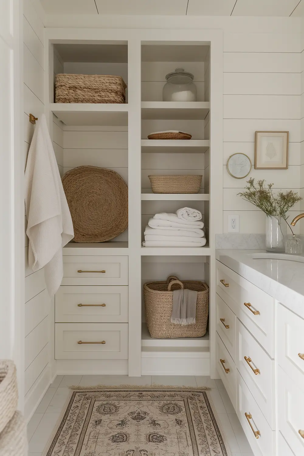 Stylish storage area with white shelves towels baskets and marble counter