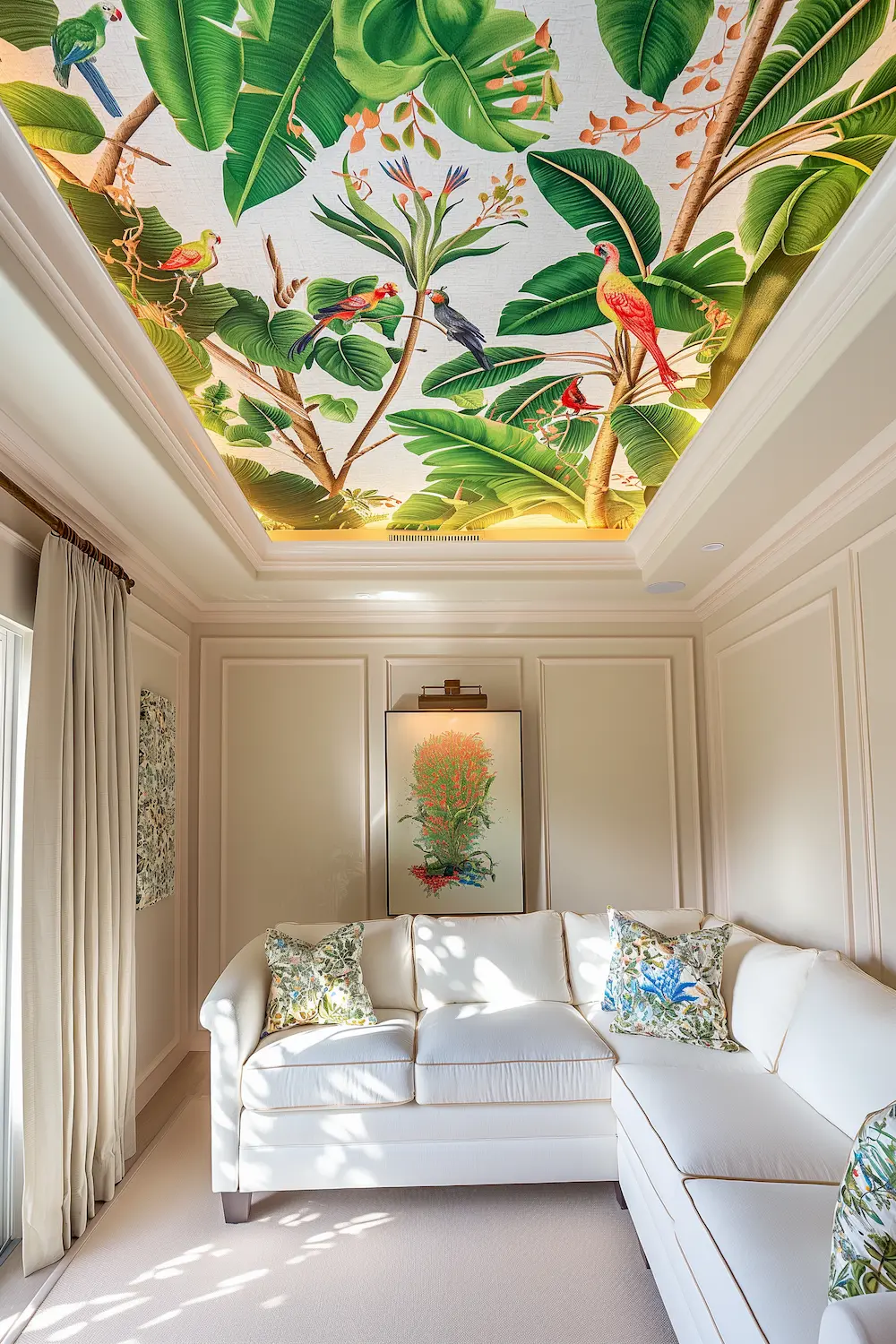 Tropical forest ceiling wallpaper creates a serene, inviting atmosphere in the room.