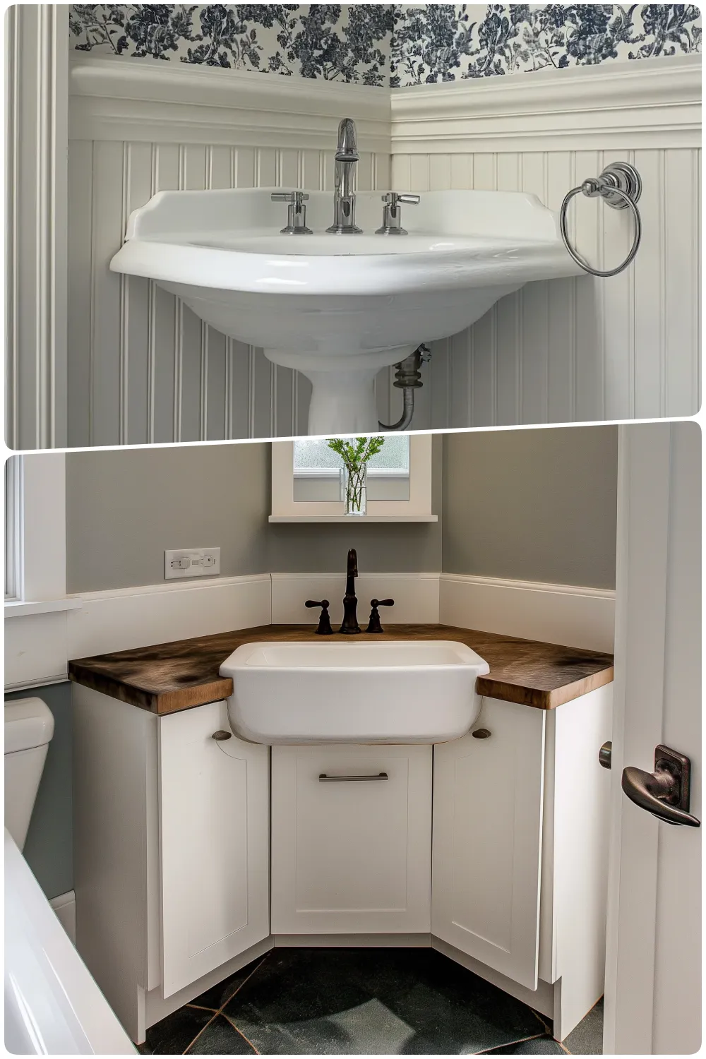 Two bathroom vanities one with vintage sink and the other with a farmhouse style sink